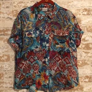 Chico’s Sheer Blue & Red Floral Print Blouse Sz 2